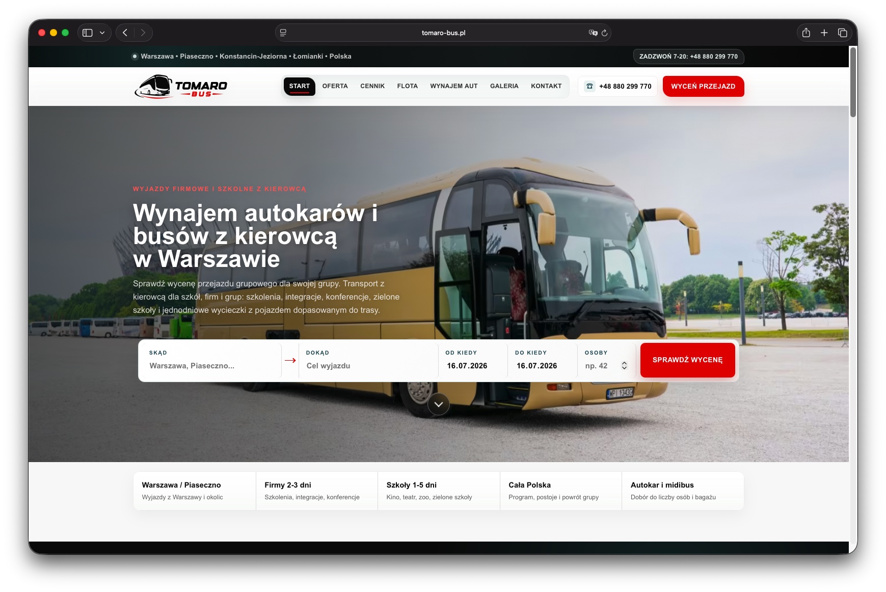 Strona Tomaro Bus z ofertą wynajmu autokarów i formularzem szybkiej wyceny