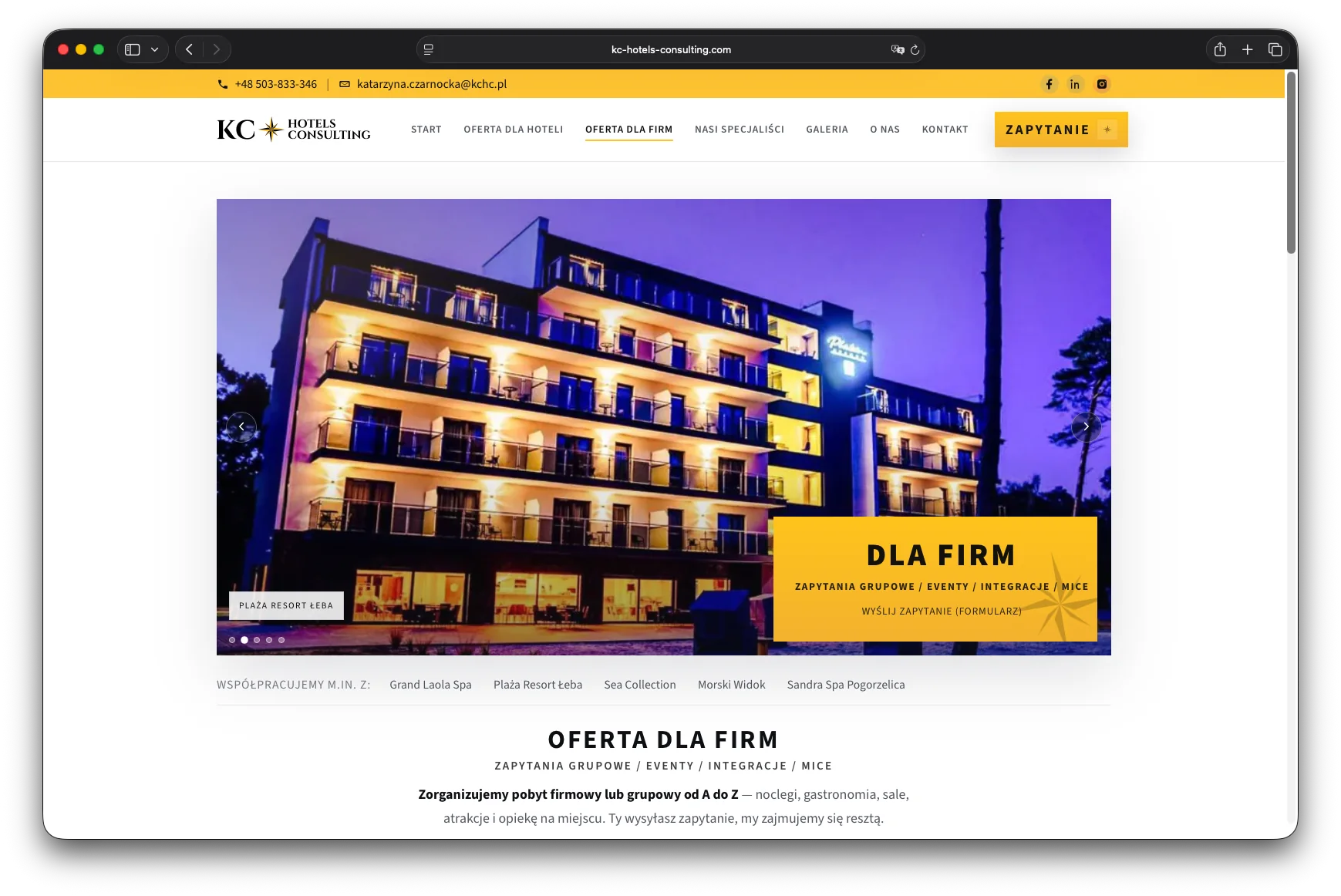 Strona KC Hotels Consulting z rozdzieloną ofertą dla hoteli i dla firm