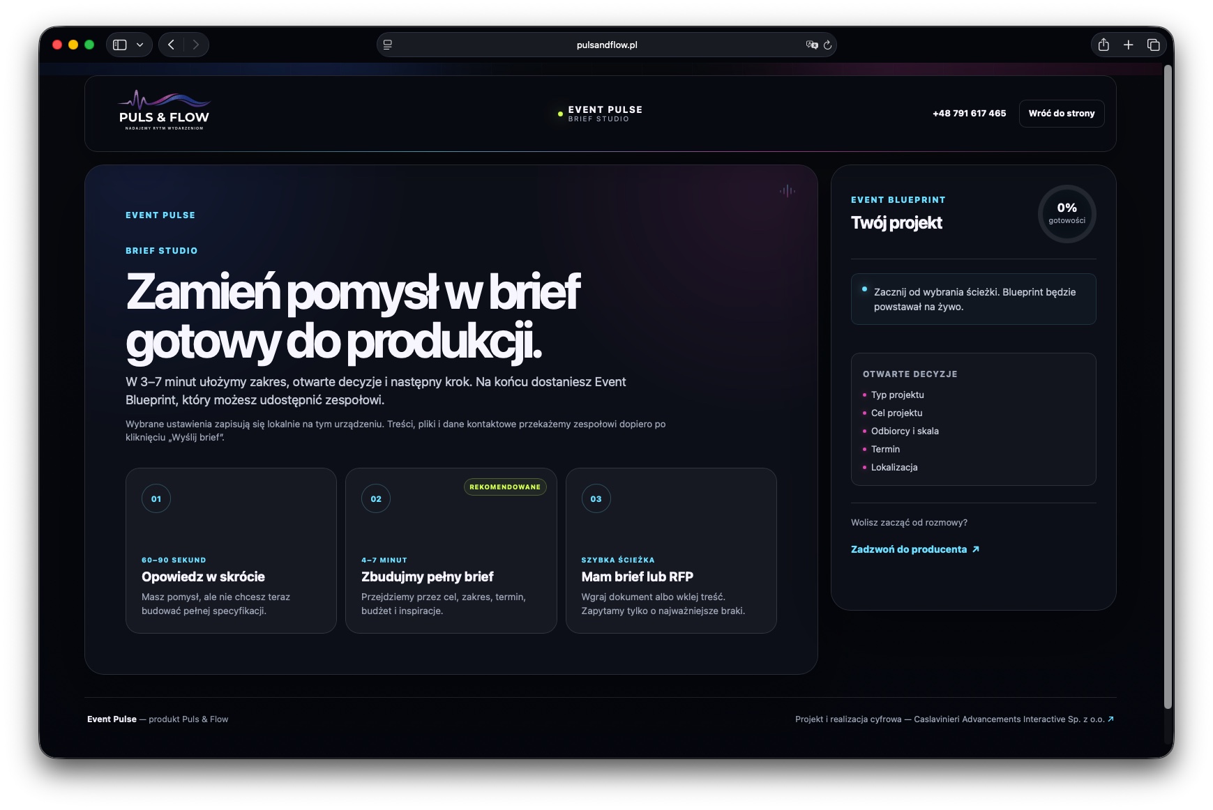 Narzędzie Event Pulse Brief 2.0 stworzone dla Puls and Flow