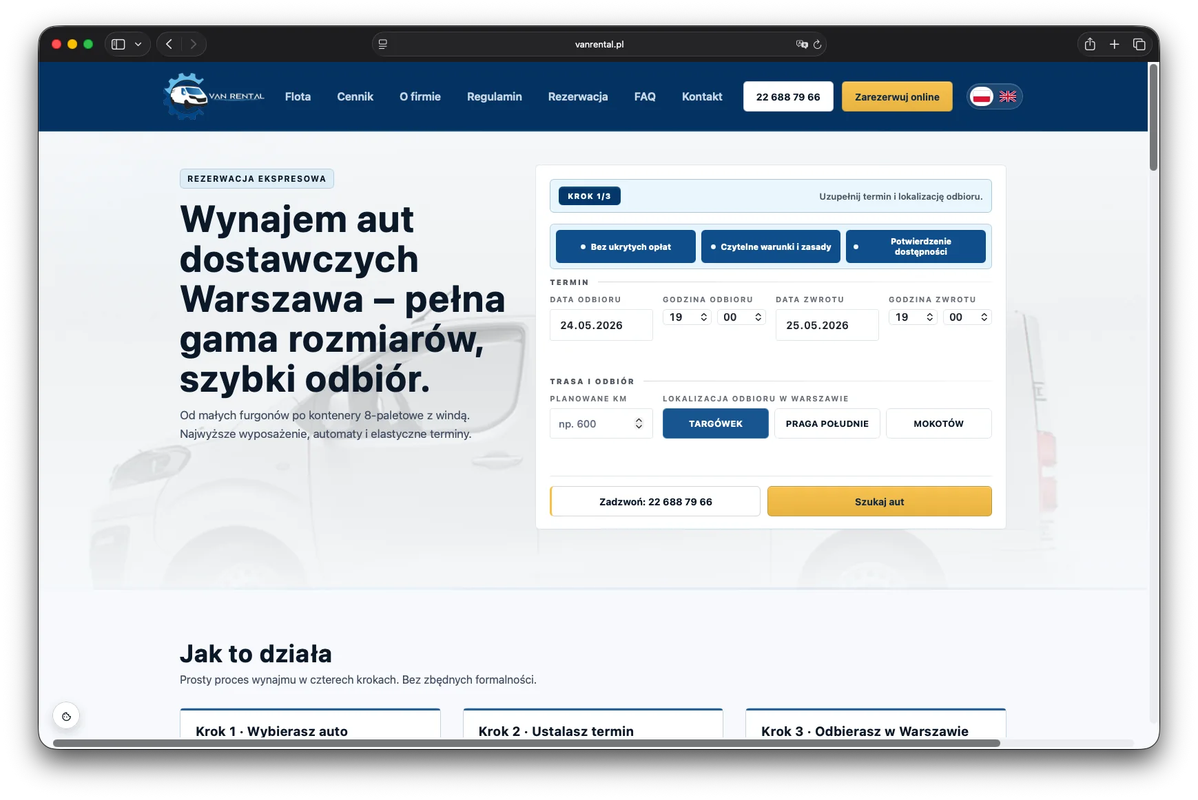 Strona VanRental z wyborem parametrów wynajmu samochodu dostawczego