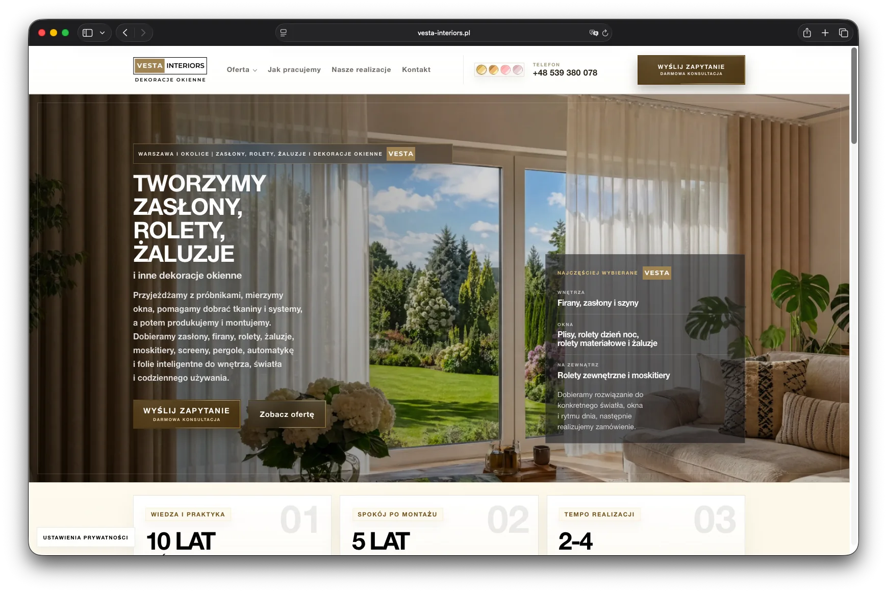 Strona Vesta Interiors prezentująca osłony okienne na wymiar i konsultację