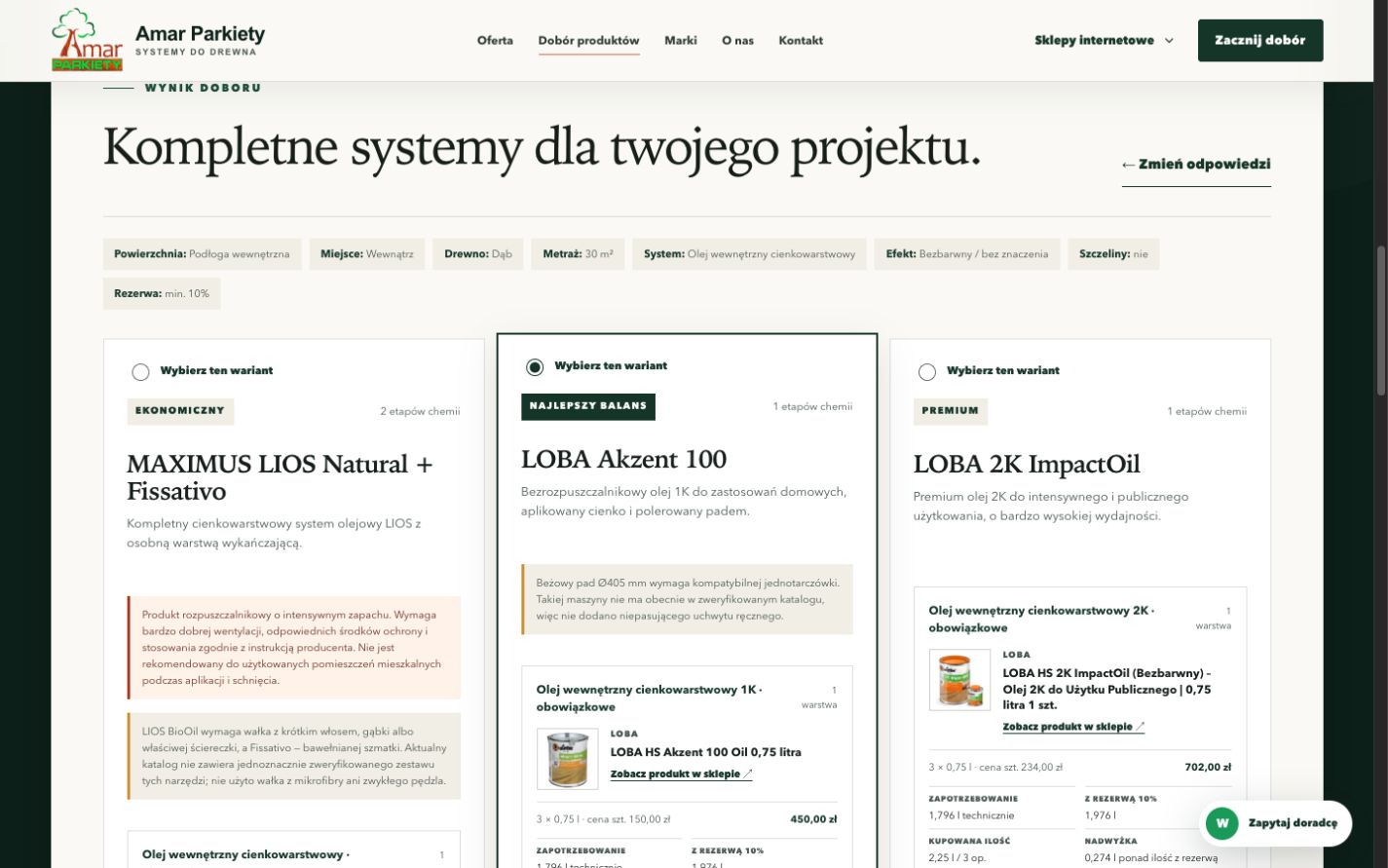 Wynik kalkulatora Amar Parkiety z wariantami systemu, ilościami produktów i kosztami