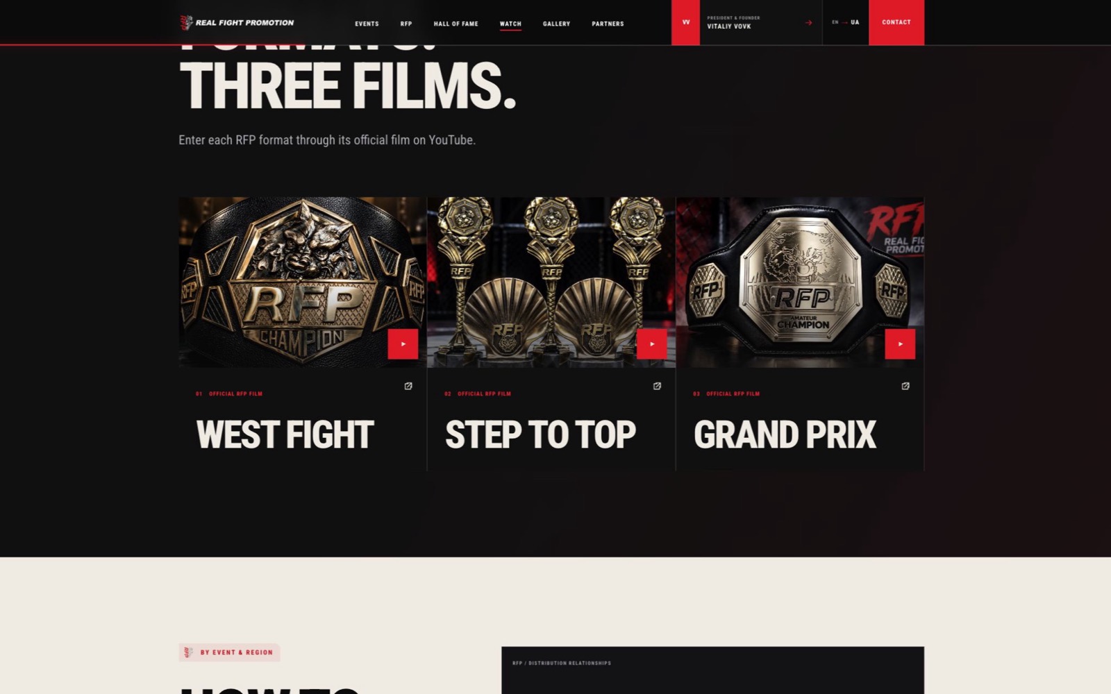 Sekcja Watch RFP z trzema oficjalnymi filmami formatów West Fight, Step to Top i Grand Prix