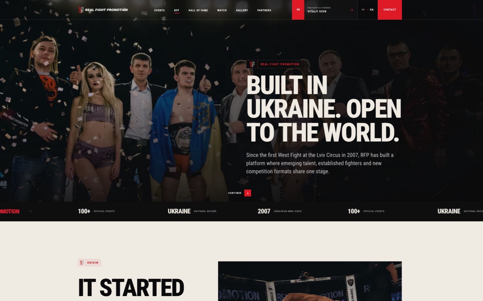Podstrona historii Real Fight Promotion z mistrzem, zespołem ligi i ukraińską flagą