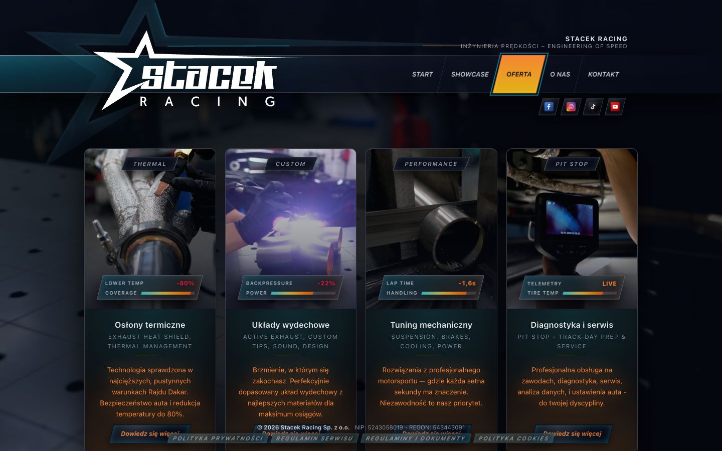 Oferta Stacek Racing podzielona na cztery wyspecjalizowane obszary usług