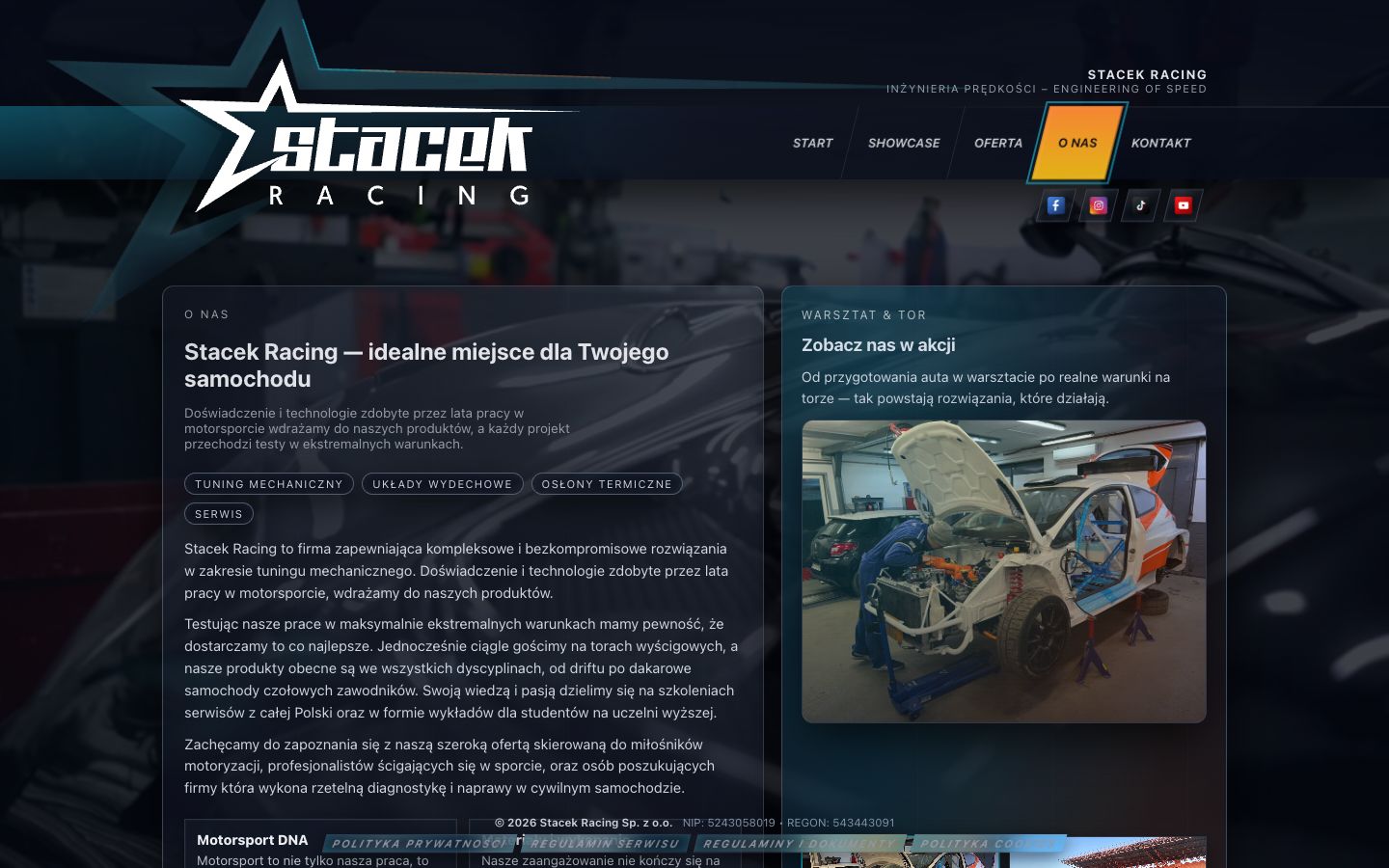 Sekcja o Stacek Racing z opisem historii, warsztatu i pracy na torze