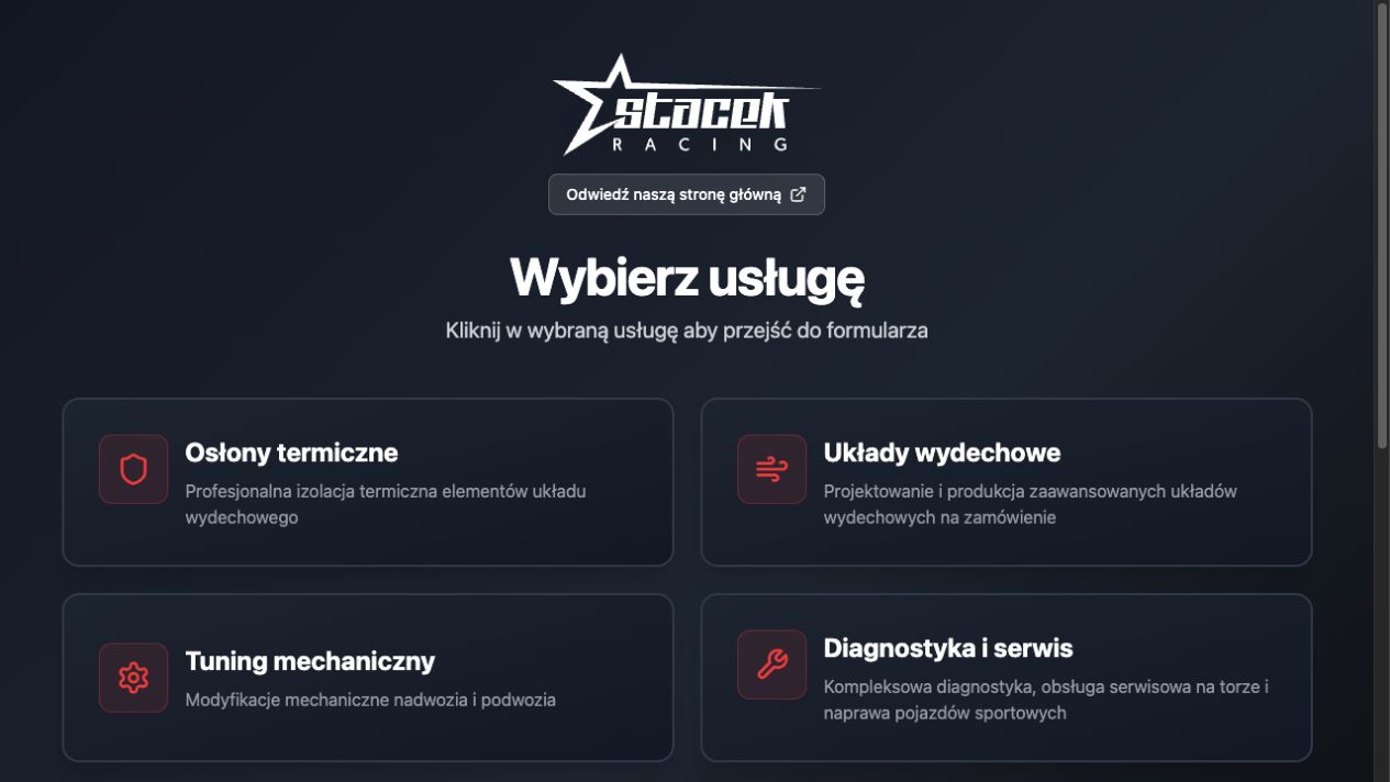Pierwszy krok systemu zgłoszeń Stacek Racing z wyborem rodzaju usługi