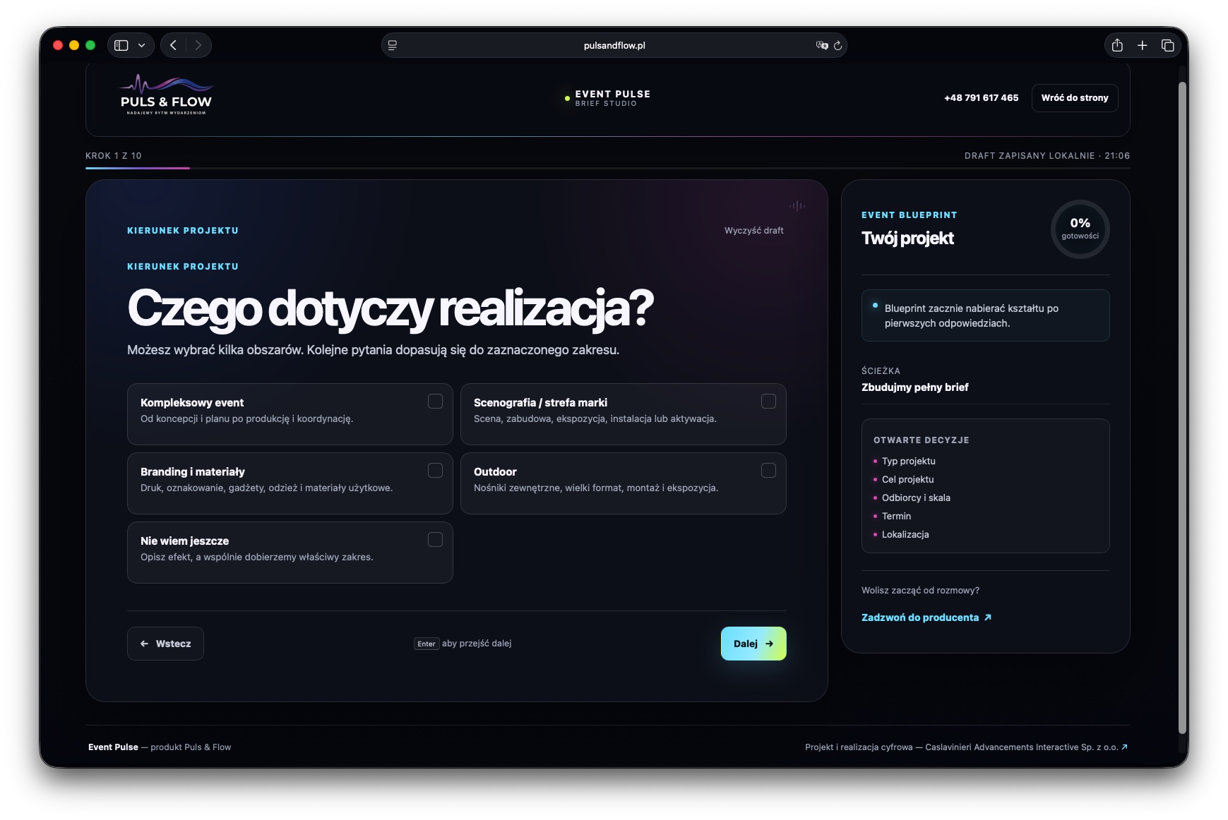 Pytanie w narzędziu Event Pulse Brief dopasowane do wybranej ścieżki projektu