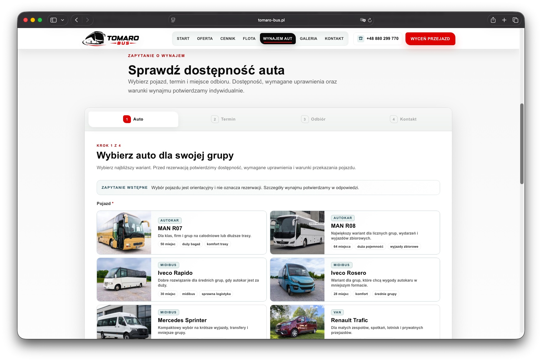 Wieloetapowy formularz wynajmu pojazdu w serwisie Tomaro Bus
