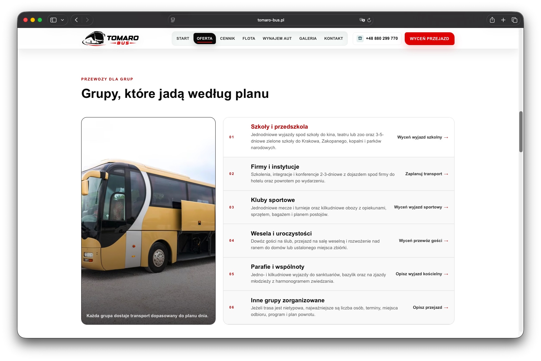Strona Tomaro Bus z ofertą przewozów dla różnych grup klientów